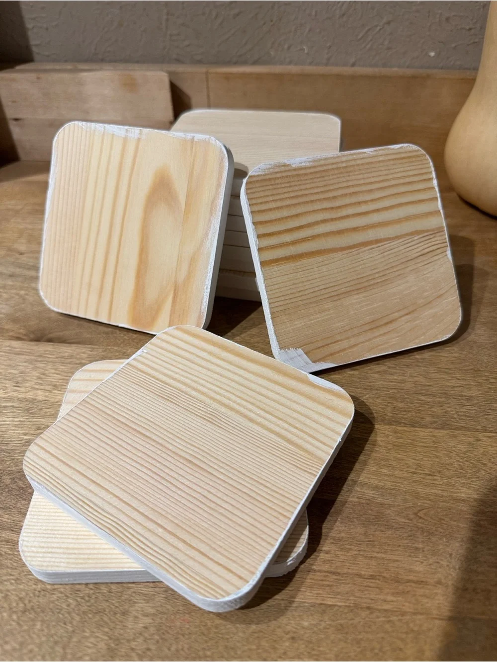 Set of 12- White Painted Square Pinewood Coasters